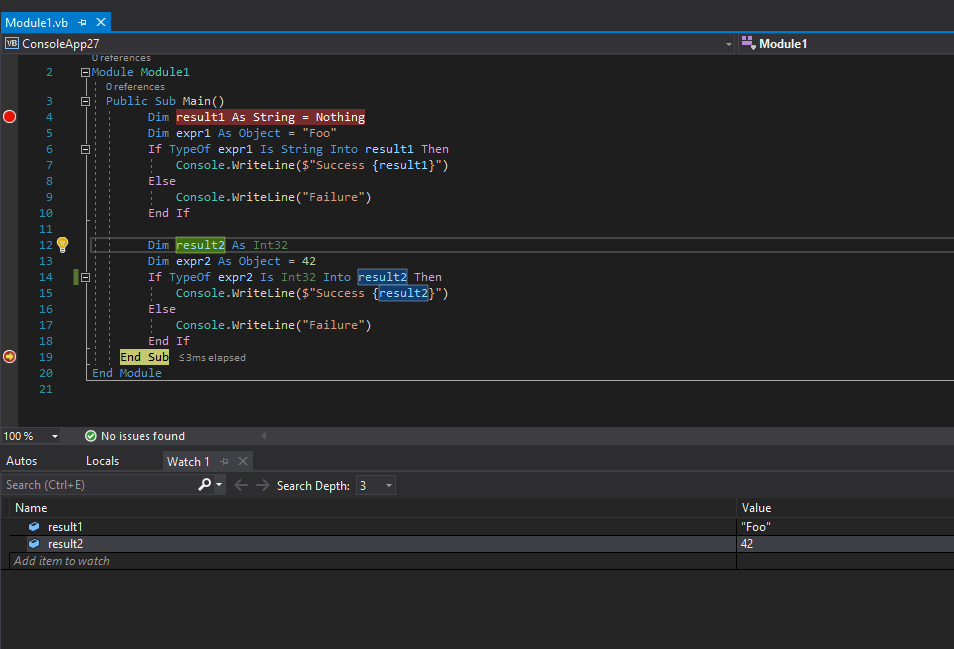 AdamSpeight2008's tweet image. Happy mood. @dotnetsheff  @roslyn #dotnetsheff
Prototyping language features for vb.
&quot;TypeOf expr Is type Into variable&quot; and
&quot;TypeOf expr Is (Of type0, type1)&quot;
are mostly working. 
Just need to fix the causes of the failing asserts.
