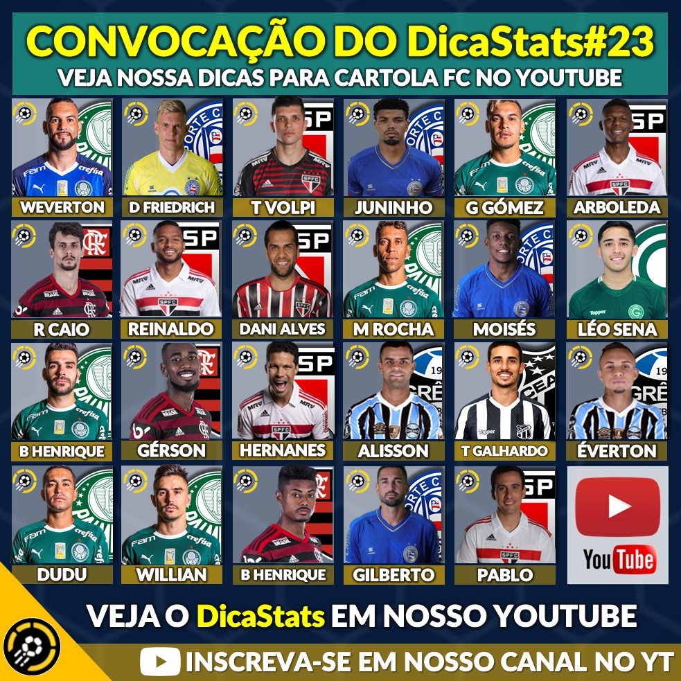 Footstats's tweet photo. DicaStats chegou com todas as dicas que você precisa para escalar seu time no Cartola FC na 23ª rodada do Brasileirão 2019

Descubra os 23 convocados e o time que colocamos em campo na rodada, com direito a capitão e técnico

Confira o DICASTATS#23 em: https://t.co/6alM4cACId https://t.co/6wgNhwZojt
