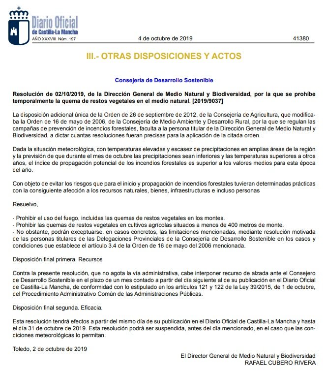 Prohibida ⛔ la quema 🔥 de restos vegetales 🍃 en el medio natural hasta el próximo 31 de octubre en #Castilla-LaMancha @gobjccm
Info ➡ docm.castillalamancha.es/portaldocm/det…
#MejorPrevenir 
#CuidandoNuestroEntorno 🌍 
#CeroRiesgo 
#LasProtesCuentan