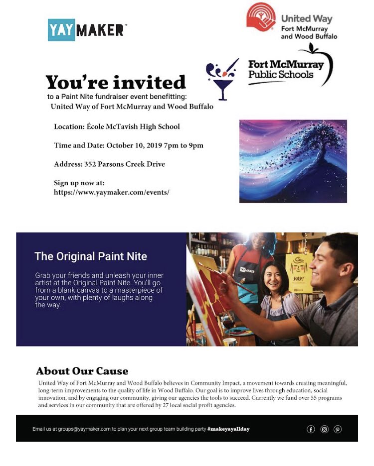 FMPSD's tweet photo. Join us for a Paint Nite supporting @FMWBUnitedWay on Thursday, October 10 @EcoleMcTavish. 7pm. Buy tickets here: https://t.co/kbfaIGBKSL #ymm #40yearsoflocallove @FMPSDArts @ArtsCouncilWB https://t.co/jaSqxBA320