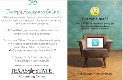 TXST_SAWT's tweet photo. Need some mental health assistance? The Counseling Center is here to help. @txstCC has many ways to help. They have group sessions, counselors, crisis help and even online help. #BeWellBobcats #BeBalancedBobcats https://t.co/j11qrFtH38