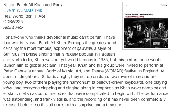 PIAS_USA's tweet photo. If you never got to see @nusratofficial Live, this is the next best thing. @RealWorldRec invites you to the party that started it all 1985 @WOMADfestival - "Astounding," says #CDHotlist - 🙏 full review https://t.co/JCnqJhWu0u 🔛 https://t.co/VH6sUtrnIJ https://t.co/iPWnLdsS9I
