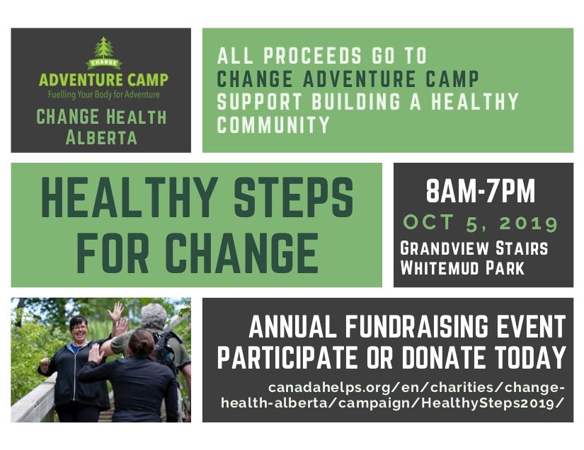 Tomorrow is our Healthy Steps for CHANGE event! Meet us at the Grandview stairs and complete some steps in support of CHANGE Adventure Camp. If you can't participate but would like to donate, please go to bit.ly/30HcLCY