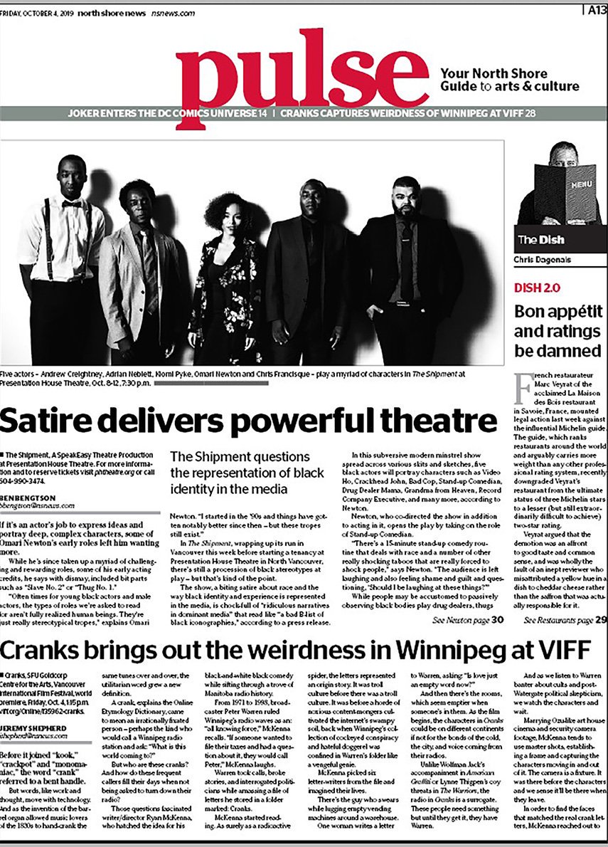 In NSNPulse today @NorthShoreNews: @SETheatreCo presents The Shipment @PHTheatre; Dish 2.0 - a new iteration of Chris Dagenais' food column; Ryan McKenna's Winnipeg film Cranks premieres @VIFFest; @jokermovie opens in the real world
