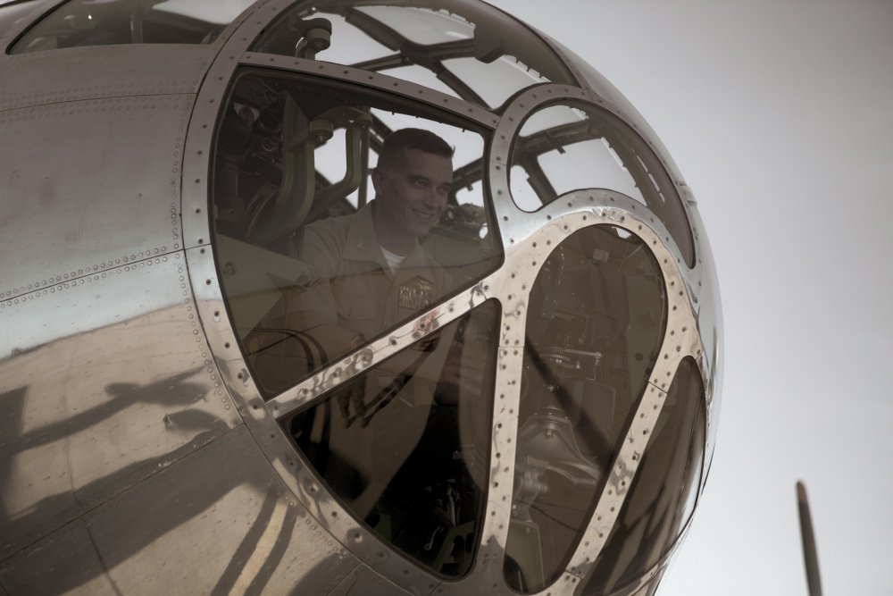 USPACOM's tweet photo. A blast from the past at @MCASMiramarCA #B29 Superfortress #Doc Takes Flight. #Doc is one of two #B29s that are still capable of flying after being used as a static display. @PacificMarines #SemperFi #Bomber #1942 #AirShow #FreeandOpenIndoPacific https://t.co/BkwrXzIMgK