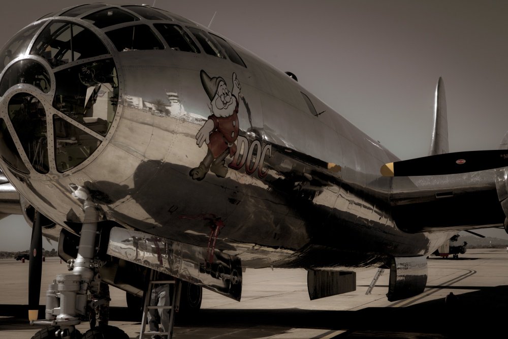 USPACOM's tweet photo. A blast from the past at @MCASMiramarCA #B29 Superfortress #Doc Takes Flight. #Doc is one of two #B29s that are still capable of flying after being used as a static display. @PacificMarines #SemperFi #Bomber #1942 #AirShow #FreeandOpenIndoPacific https://t.co/BkwrXzIMgK