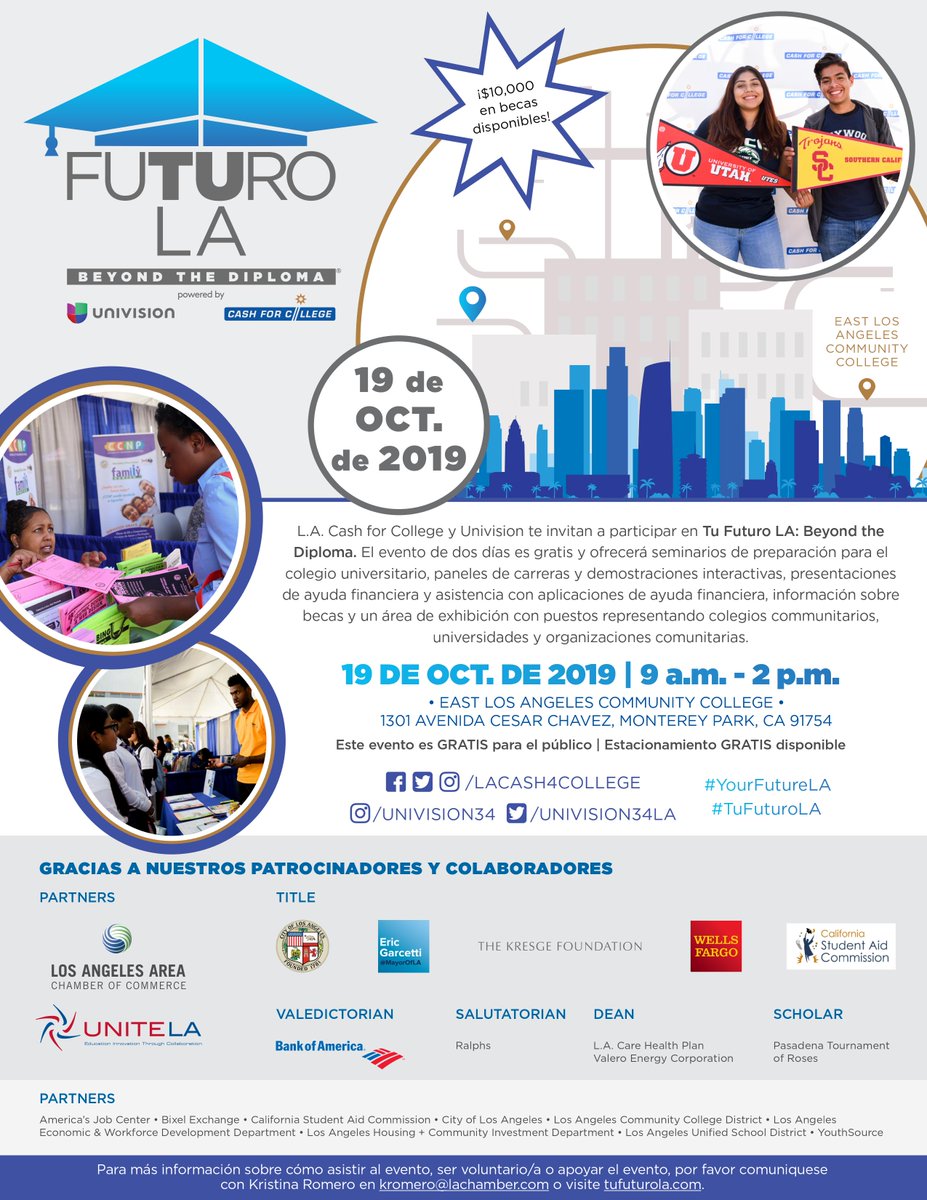 lacash4college's tweet photo. Join us at Your Future LA: Beyond the Diploma on Oct. 19 at @EastLACollege! The event will feature college prep seminars, financial aid workshops, career panels and more! Students will also have a chance to win $1,000 scholarships! More info: https://t.co/OTowhLJkiJ https://t.co/NJqM5p5OOD