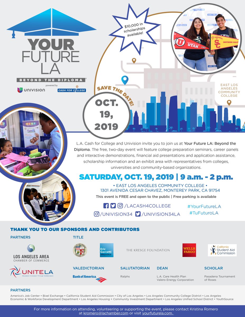 lacash4college's tweet photo. Join us at Your Future LA: Beyond the Diploma on Oct. 19 at @EastLACollege! The event will feature college prep seminars, financial aid workshops, career panels and more! Students will also have a chance to win $1,000 scholarships! More info: https://t.co/OTowhLJkiJ https://t.co/NJqM5p5OOD