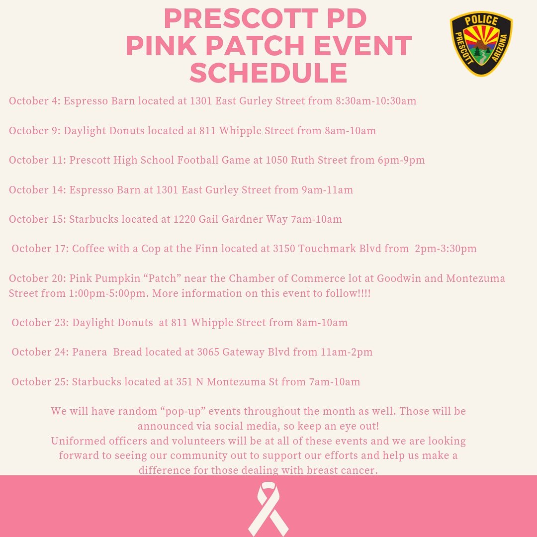 PrescottPD's tweet photo. Check out this post for the Prescott PD Pink Patch Events we've got planned this month. We hope you'll stop by! 
.
.
#pinkpatch #pinkpatchproject #PrescottPolice #PrescottPD #BreastCancerAwareness #PinkOctober #Prescott #AZ https://t.co/T7I02UpuY5