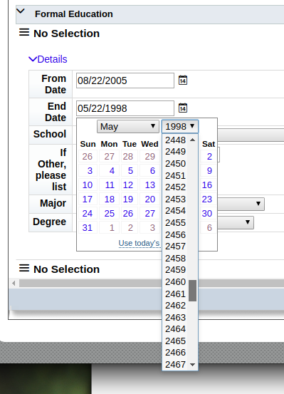 timothylord's tweet photo. Dear site asking for a formal education time range: Why oh why should I be restricted to dates before 2699? What if I graduated in 2767, huh? What then? I say it's prejudice against time travelers, and I will have had my revenge eventually! #ui #ux #timemachine #boundedness https://t.co/5sajCOomQ6