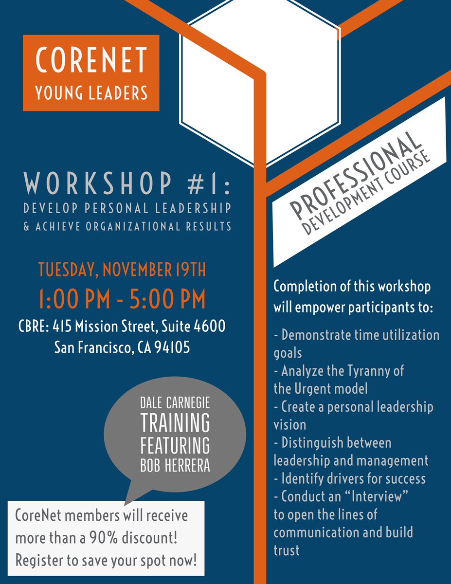 Don't miss out on CoreNet Young Leader's Dale Carnegie Professional Development Course, offered at a major discount! Click link to register: bit.ly/2mlwPwj
 
#corenet #corenetyl #corenetnorcal #dalecarnegietraining #dalecarnegie #professionaldevelopment #youngleaders