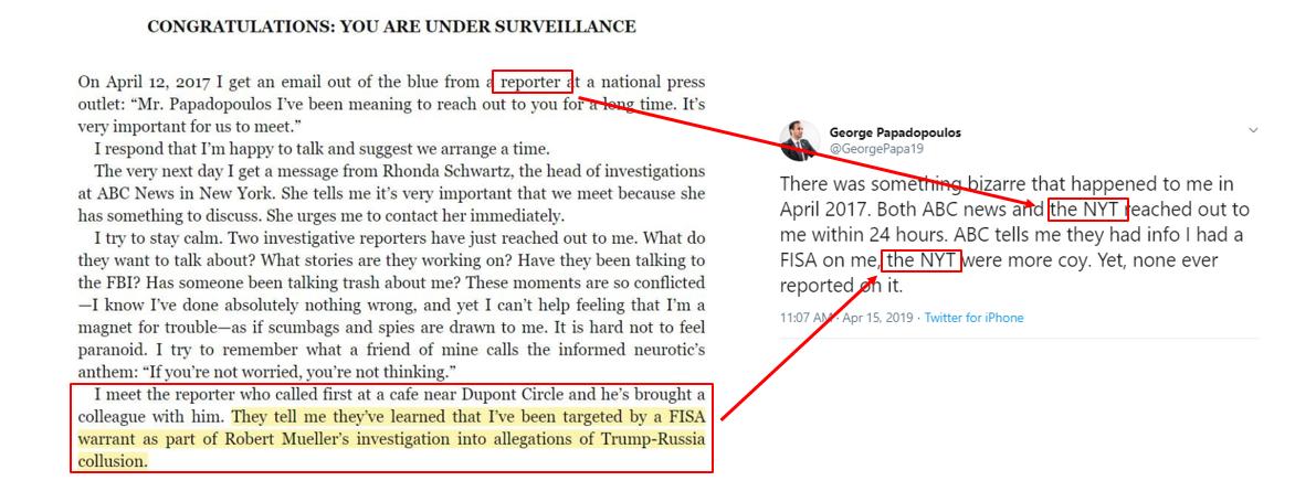 While Strzok was informing  @WaPo of a single FISA on Carter Page, he was detailing  @nytimes on the same story, but with a twist: Page was *NOT* the only American targeted by a FISA… 