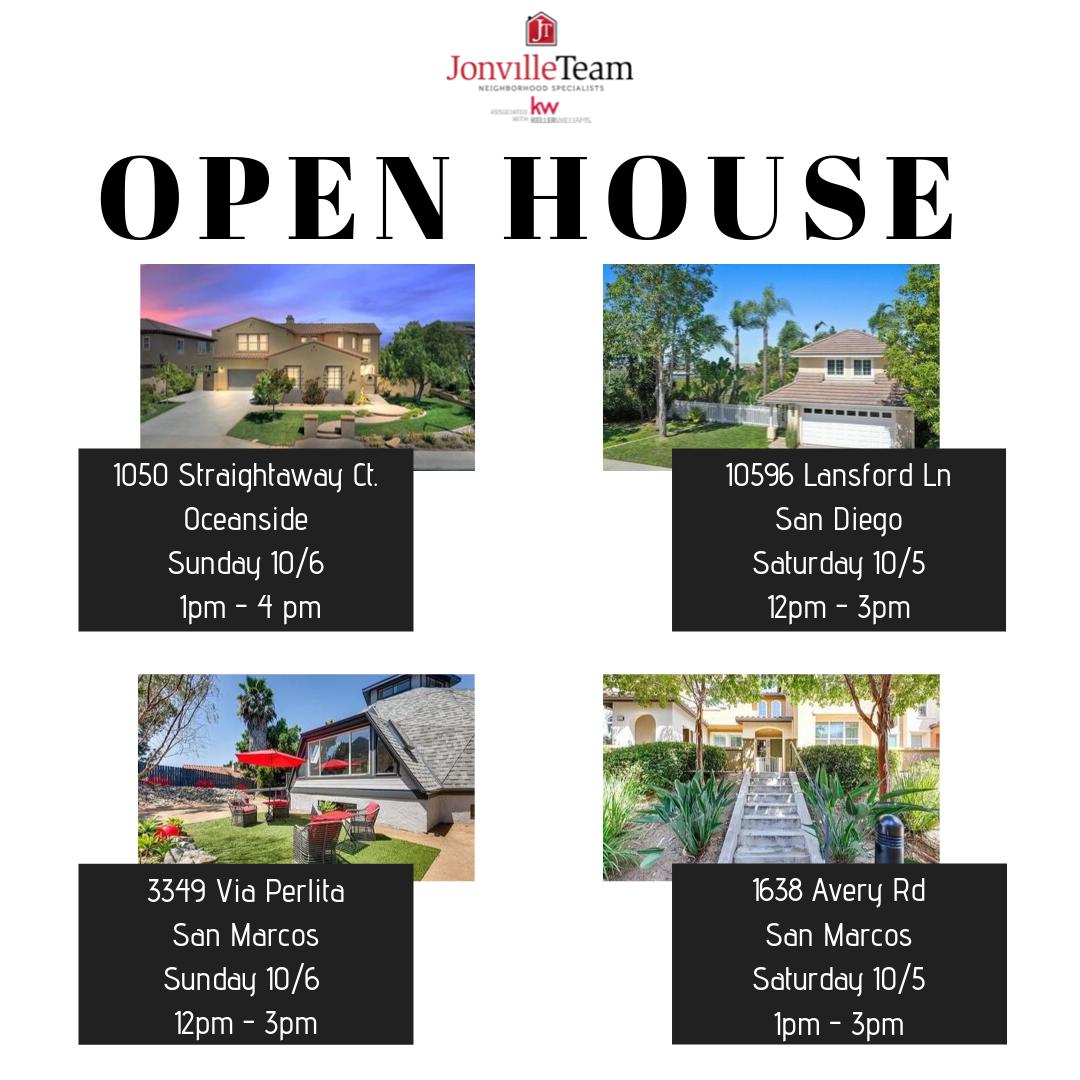 JonvilleTeam's tweet photo. OPEN HOUSES!😊

10596 Lansford Ln
San Diego, CA
Sat. 10/5, 12-3pm

1638 Avery Rd
San Marcos, CA
Sat. 10/5, 1-3pm

1050 Straightaway
Oceanside, CA
Sun. 10/6, 1-4pm

3349 Via Perlita
San Marcos, CA
Sun. 10/6, 12-3pm

Nicolas Jonville, CA DRE LIC# 01410224/ KW CA DRE LIC# 01417209 https://t.co/Nj5mFHDcIP