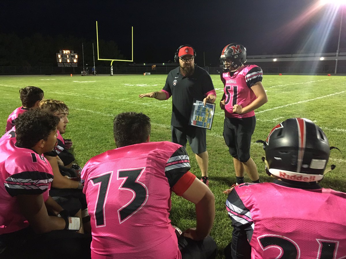 Marshall Owl offense meets with their coach after turning over the ball. Moberly Spartans just made an interception and have 2 minutes to turn it into the first touchdown of the night. <a href="/KOMUsports/">KOMU 8 Sports</a> <a href="/FBSpartans/">Spartan Football</a> <a href="/MOwlAthletics/">Owl Athletics</a>
