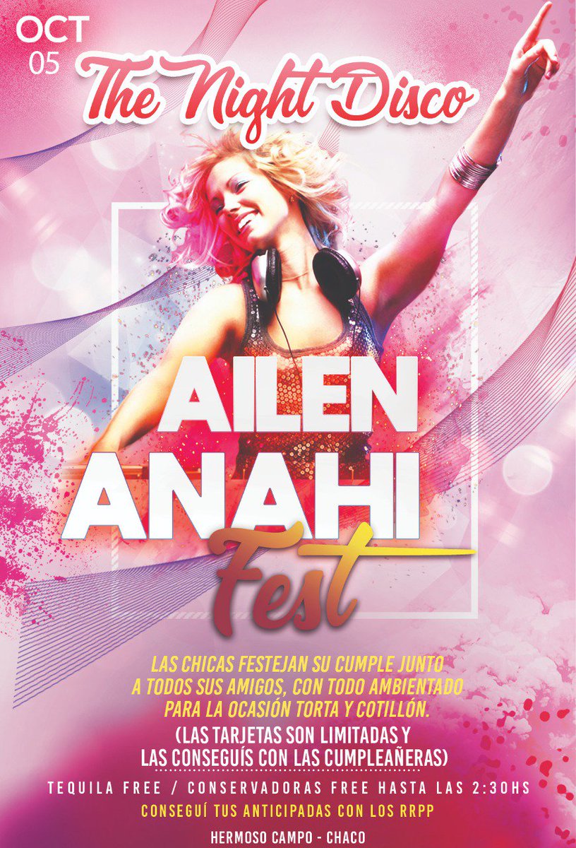 The_Night_Disco's tweet photo. Sábado 5 #Ailen#Anahi Fest
Las tarjetas son limitadas y (Las conseguís con las cumpleañeras)

Conservadoras free hasta las 2:30 sin excepción
Tequila free durante la noche
Conseguí tu anticipada con los R.R.P.P de la disco. https://t.co/03QvC3JdG4