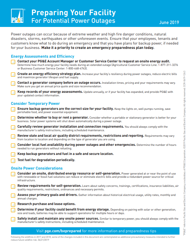 Pacific Gas & Electric on X: Is your facility prepared for a power outage?  Outages can occur at any time. Ensure that employees, tenants, customers  know what to do during an emergency