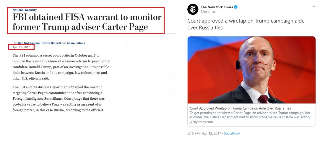 Also on Tues,  @nakashimae at  @WaPo publish their FISA story for the first time. Wednesday,  @nytimes follows with their story, including a reach out to  @GeorgePapa19 over the false lead for a FISA.