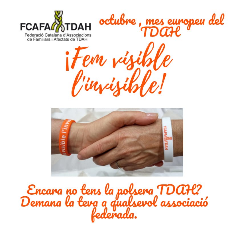 La <a href="/FcafaT/">Federació Catalana TDAH</a> llança la campanya "Fem visible l'invisible" amb motiu del mes Europeu del #TDAH Pots trobar la polsera que visibilitza el trastorn a totes les associacions federades.