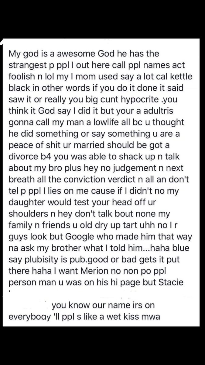 Fruit_Loops18's tweet photo. Wtf?? I lost brain cells trying to read this. Whoever wrote this has to have a drool bib on &amp; needs handlers. Hooked on phonics couldn’t help this bitch. Helen Keller could have done a better job. Does anyone speak meth &amp; can translate? I have to go take a does of Imitrex now. https://t.co/kFjuy4ChOY