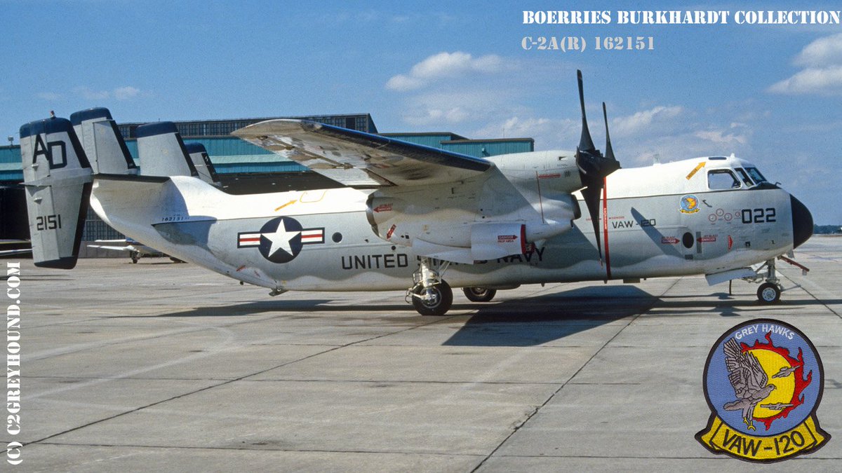 c2greyhound's tweet photo. A very frequent visitor from Norfolk, Grumman C-2A(R) Greyhound BuNo 162151 from the VAW-120 at NAS Jacksonville. The image was taken back in 1986 and the Greyhawks had their old insignia. #vaw120 #nasjax #codlife #mightycod #c2greyhound #thecodfather #USNavy https://t.co/tDjzTwrUCR