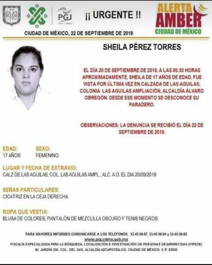 ¿Me ayudan a difundir? 

Sheila salió de su trabajo rumbo a la escuela hace unos días y nunca llegó.