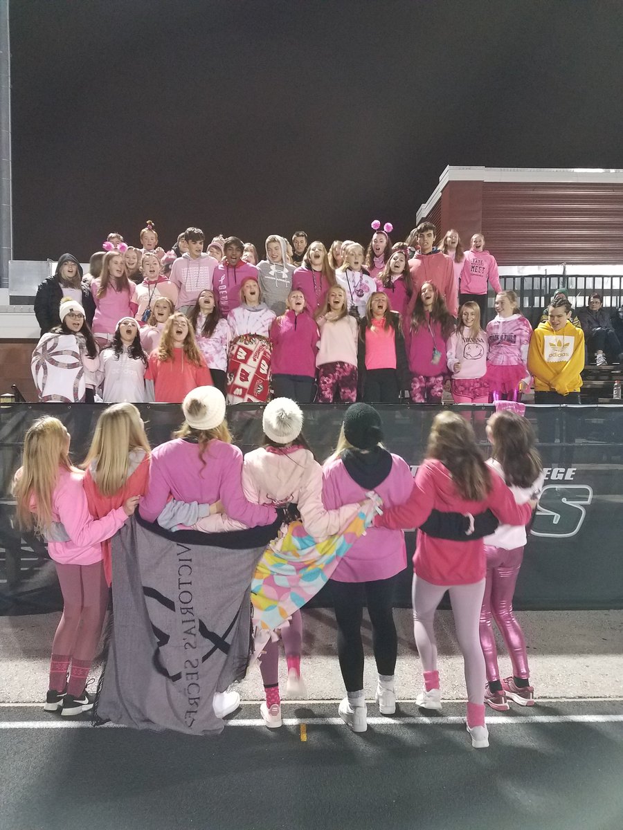 RobebreScience's tweet photo. Student section at tonight's football game. Pink out for breast cancer awareness #PiratePride https://t.co/UmrSj9Pumf