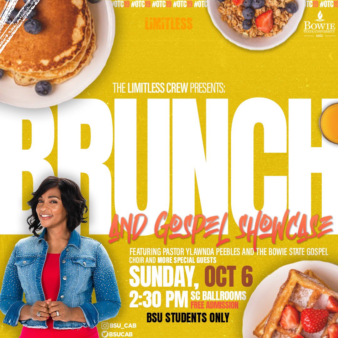 bowiestatesga's tweet photo. Welcome to Sunday Brunch featuring a special performance by the Bowie State Gospel Choir and a word from our keynote speaker, Pastor Ylawnda Peebles! Come out to the Ballrooms on Sunday, October 6 to start off #OTC19 on a high note! π½
#FUSEBSU #LIMITLESSCAB https://t.co/kvDtgEmuOQ