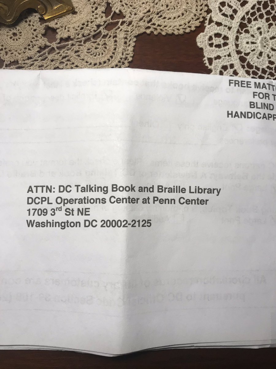 CarolynAnnCook's tweet photo. .@dcpl - Thank YOU for offering this service to DC residents like my mother who cannot read regular print any longer. We especially appreciated the self-addressed โ envelope with simple instructions and free postage! #SeniorsMatter #DCPublicLibraryRocks #TalkingBookLibrary https://t.co/JYAQH2zPJp