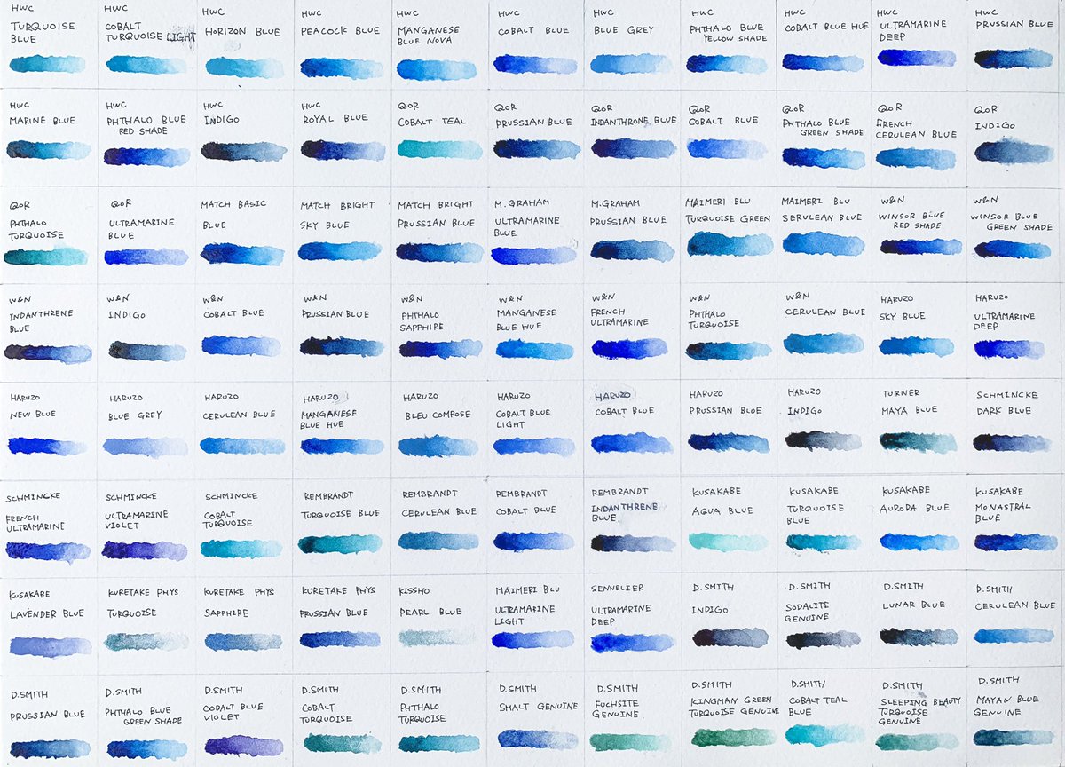 すずきあやえ 水彩作家 私の推し色は青色です どの青も全部違くて全部好きですが ホルベインのホリゾンブルー W Nの ウィンザーブルー Gs クサカベのアクアブルーは特に欠かせない青色です 夏前の手持ち青系チャートの再掲ですが すでにこれより10