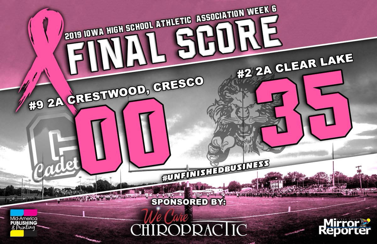 #2 Clear Lake wins ranked match up at Lions Field 35-0 over #9 Crestwood, Cresco!! 

Clear Lake is on the road to take on the Indians of Forest City next Friday!