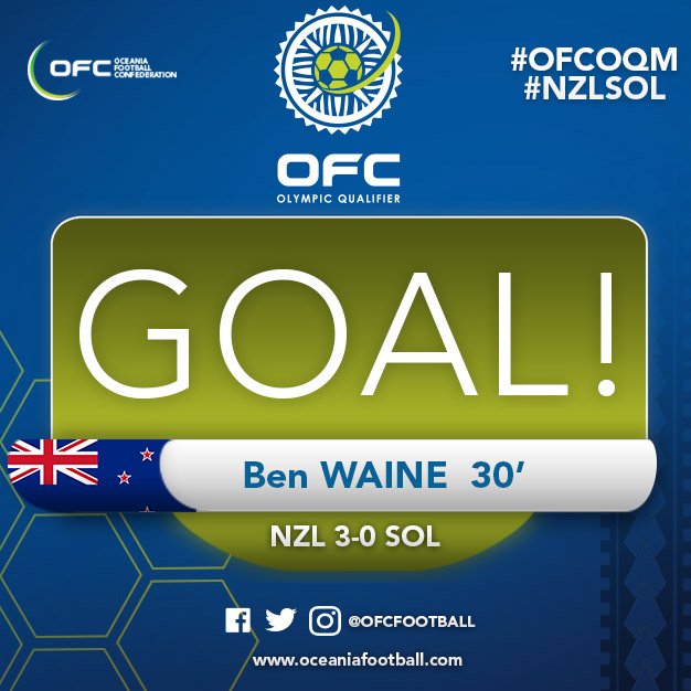 OFCfootball's tweet photo. 30' GOAL! Ben WAINE scorers from close range into an open net. #NZLSOL #OFCOQM ๐ณ๐ฟ3-0๐ธ๐ง https://t.co/UAXqbflmPG
