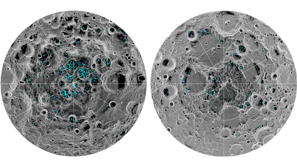 A NASA instrument on India's Chandrayaan-1 lunar mission directly observed solid water ice deep in shadowed craters at the Moon's north and south poles. This ice could provide water for future lunar settlements more cheaply than shipping water from Earth #WorldSpaceWeek 📸: <a href="/NASA/">NASA</a>