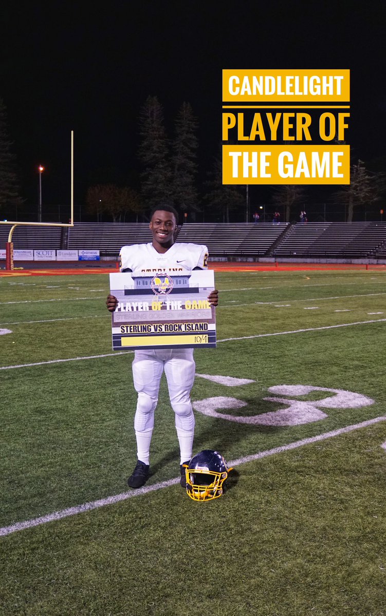 SHS_jspence's tweet photo. Jashawn Howard is the #CandlelightPOG for Sterling’s 49-26 win at Rock Island. Howard rushed for 262 yards and scored a pair of touchdowns! Congrats!
#GoWarriors! https://t.co/BmtudfnDVm