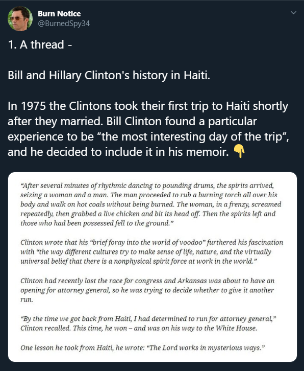 13. He accuses the Clintons of practicing voodoo and that Bill Clinton charged up his magic powers to win re-election in 1996. He also claims these rituals are part of our day to day lives.