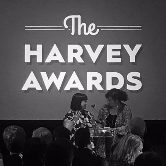 two moms and their weird little sons!! thank you so much to everyone at the Harvey's tonight for this recognition, and thank you to @LucyKnisley for redrawing our cover better than i ever could ? 