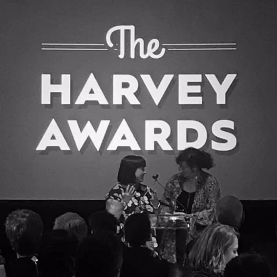 two moms and their weird little sons!! thank you so much to everyone at the Harvey's tonight for this recognition, and thank you to @LucyKnisley for redrawing our cover better than i ever could ? 
