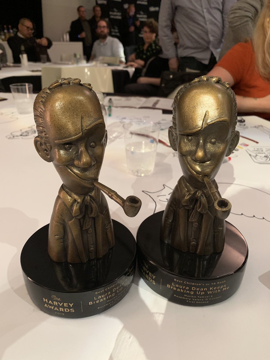 two moms and their weird little sons!! thank you so much to everyone at the Harvey's tonight for this recognition, and thank you to @LucyKnisley for redrawing our cover better than i ever could ? 