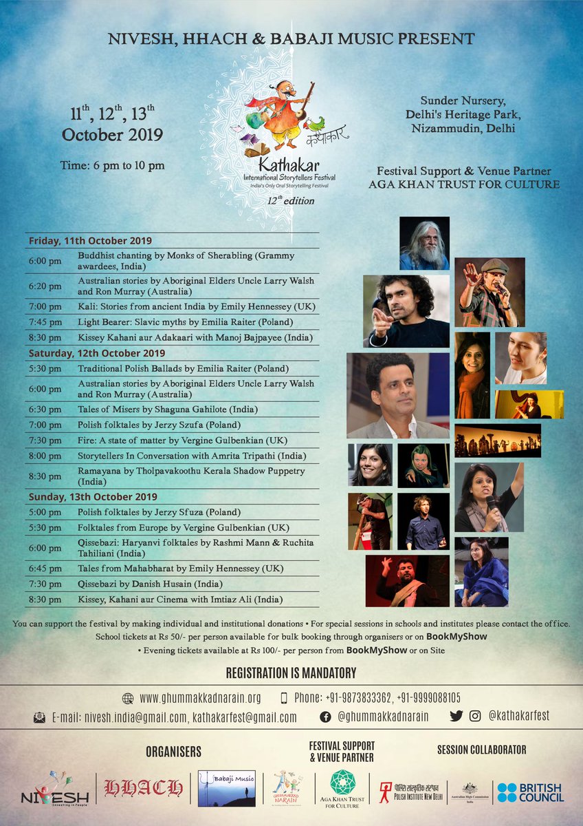 Don’t miss your favourite #storytellers at the 12th edition of Kathakar from 11 to 13 October <a href="/sundernursery/">Sunder Nursery Park</a> Buy your entry passes from BookMyShow:
in.bookmyshow.com/plays/kathakar… #storytelling #delhievents #festival <a href="/kathakarfest/">Kathakarfest</a> <a href="/_MohitChauhan/">Mohit Chauhan</a> <a href="/prattyg/">Prarthna Gahilote</a> <a href="/DanHusain/">Danish Husain । دانش حُسین । दानिश हुसैन</a> <a href="/Qissebaazi/">Qissebaazi</a> <a href="/amritat/">amrita tripathi</a>