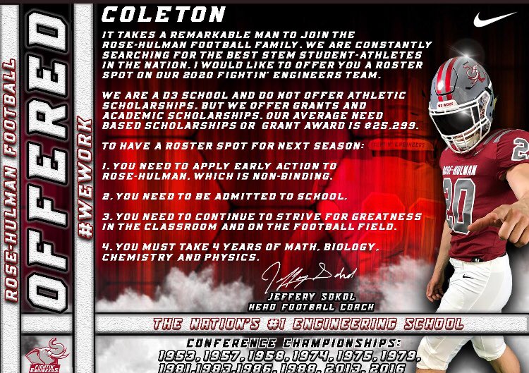 colebork's tweet photo. Excited to have the opportunity to play for @RoseHulmanFB next year! @JFlores1316 https://t.co/6rLfPCWleX