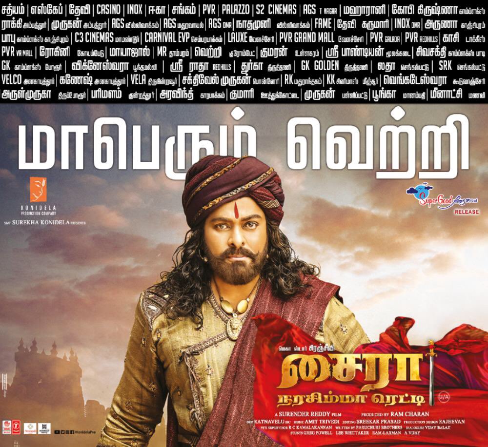 KollyBuzz's tweet photo. #Syeraa in cinemas near you!
#SpectacularSyeRaa
A @SuperGoodFilms_ release in TN
#MegastarChiranjeevi @DirSurender @VijaySethuOffl #Nayanathara @KicchaSudeep @IamJagguBhai @tamannaahspeaks @RathnaveluDop @KonidelaPro @ItsAmitTrivedi https://t.co/I5a42TAlWB