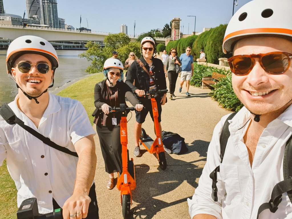 Can definitely recommend taking part in local Brisbane culture and zooming around on an electric scooter. Especially in the snazzy helmets. #aoir2019 @AmdBeattie @VezzieT @cal_jon_