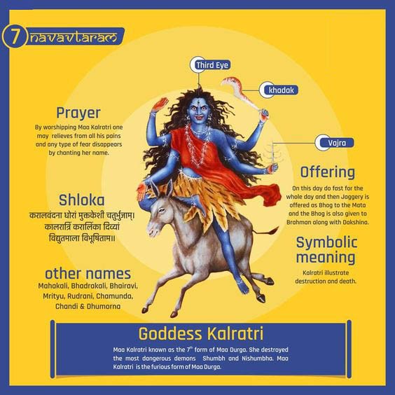 avdhootbaba's tweet photo. 7th Day
Kaal Ratri is also known as Shubhamkari, which means the “doer of good”. She is a fearsome manifestation of Durga with dark skin, disheveled hair, three eyes &amp; four arms. She is worshipped on the seventh day of Navratri as the protector of Hindu faith.
#7th_navratri_2019 https://t.co/Qs5LCCEmPz