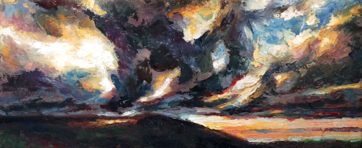 ‘Sunset Over The Roaches.’ Oil on board, 2019. #art #fineart #painting #paint #oilpaint #sunset #sky #colour #sun #hills #roaches #staffordshire #clouds #landscape #skyscape #theroaches @waz216