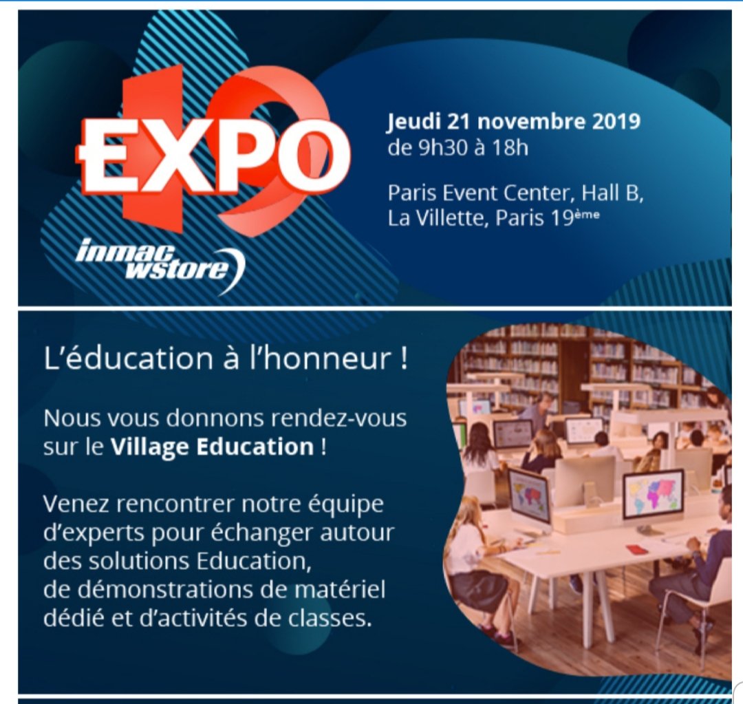 IAllegaert's tweet photo. Expo 2019 @inmacwstorefr 
Venez rencontrer nos experts de l'IT pour l'Education le 21 novembre. https://t.co/9C9mv7qDdX