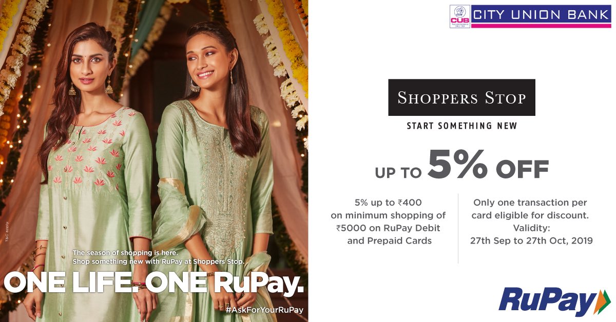 cubltd's tweet image. Enjoy discounts this festive season using your CUB Rupay Card at Shoppers Stop. 
Enjoy 5% upto Rs. 400/- on minimum purchase of Rs.5000/-
#cubltd #cityunionbank #OneLifeOneRuPay #CUBRuPayOffers