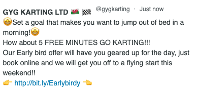 gygkarting's tweet photo. 🤩Set a goal that makes you want to jump out of bed in a morning!🤩 How about 5 FREE MINUTES GO KARTING🤩
👉 https://t.co/i9NFusSg3Q 👈
#weekendvibes #goodvibes #getupandgo #liveyourbestlife #snoozeyoulose #wakeupandgo #letsgetit #racetime #letsrace #gokarting #gygkarting https://t.co/n8YeYrmL8c