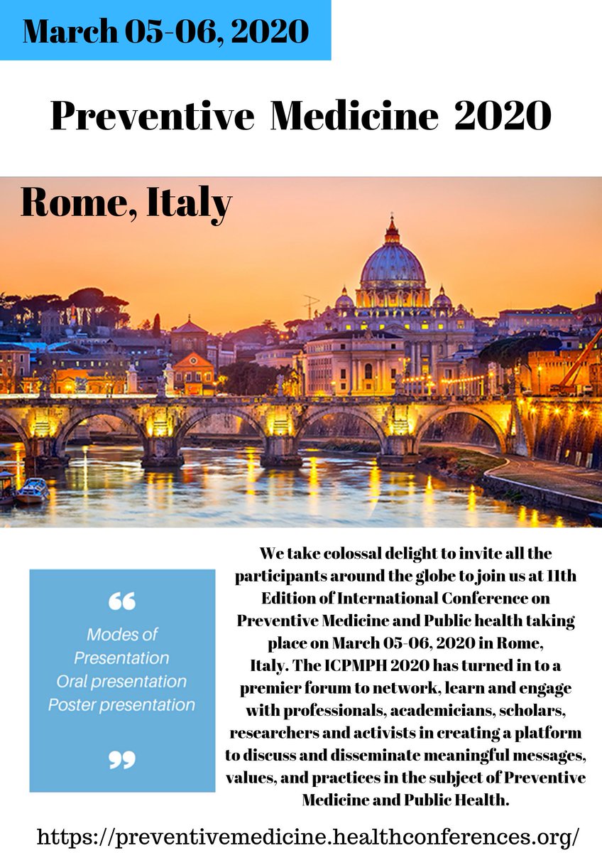 preventivemedc's tweet photo. https://t.co/JGvq3Q8EP7
International conference on #PreventiveMedicine and #PublicHealth March 05-06, 2020 #Rome, Italy #Nursing #Diabetes #ChronicDisease #Pediatrics #EbolaVirus #LifestyleMedicine #Oncology #PersonalisedMedicine #Dentistry #Cardiology #Psychology and more https://t.co/KrV8Srnq4c