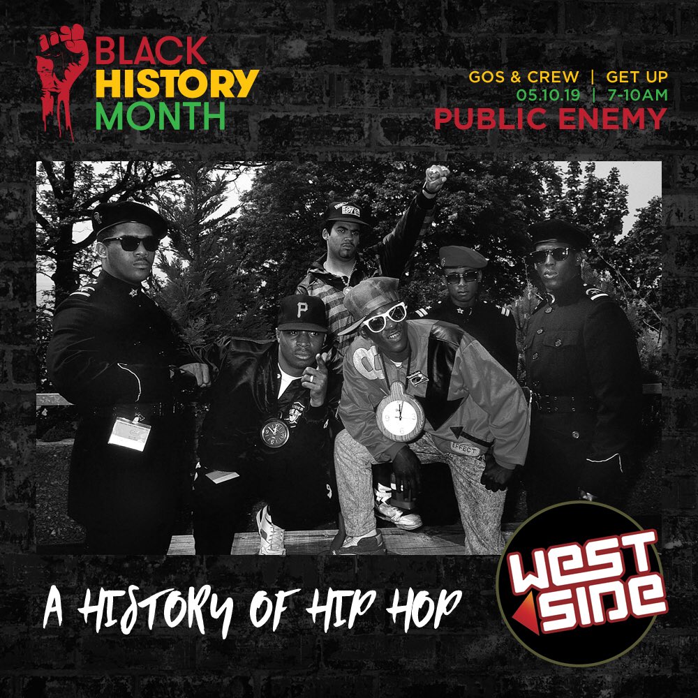 #BlackHistoryMonth     

‘A History of Hip Hop’ Day 5 
PUBLIC ENEMY <a href="/MrChuckD/">Chuck D</a> <a href="/FlavorFlav/">FLAVOR FLAV</a> 

<a href="/GosAndCrew/">Gos</a> 
#GetUp | 7-10am