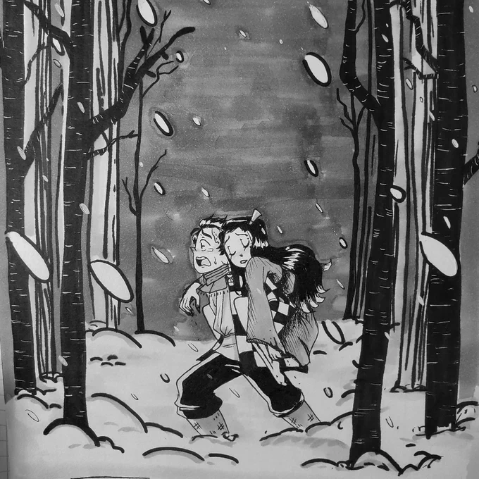 Tanjiro carrying Nezuko through the snow for #Inktoberday4 "Freeze" #DemonSlayer #kimetsunoyaibafanart #kimestunoyaiba #tanjiroukamado #nezukokamado #inktober #inktober2019 #kny 