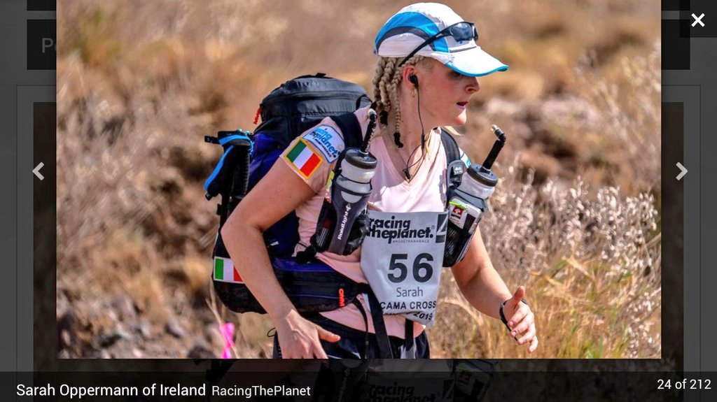 LeonoraKennedy's tweet photo. Sarah Oppermmann from Cork is currently 5th female and 25th overall in the gruelling 250km 6 stage ultramarthon across the Atacama Desert. I think she's phenomenal. Shes racing in aid of irish charities CARI and @PMVTrust 
The longest stage was 79km yesterday. @tommieod44 https://t.co/fh17NCQA8D